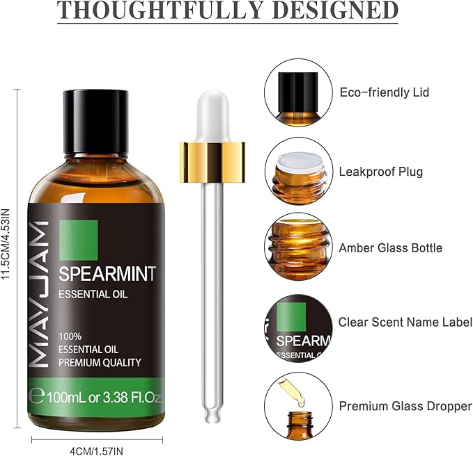 Spearmint Essential Oil, MAYJAM Pure Essential Oils for Diffusers, 3.38FL.OZ/100ML Large Volume Spearmint Oil for Facial Hair with Premium Glass Dropper