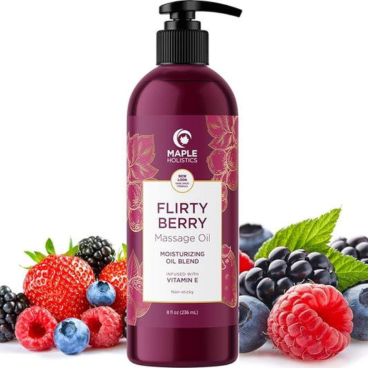 Berry Sensual Massage Oil for Couples - Fun and Fruity Full Body Massage Oil for Date Night with Smooth Gliding Coconut and Sweet Almond Oil with Tempting Berry Scent - Non GMO Gluten Free and Vegan