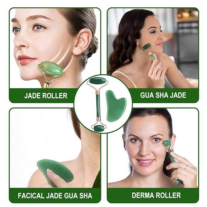 Jade Roller and Gua Sha Set, Facial Skin Care Roller is to Reduce Puffiness and Fine Lines, Massage Tools for Face, Eyes, Neck, Body Muscle Relaxing, with Mask Brush(Green)
