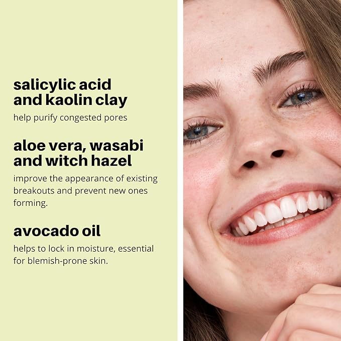 Nip+Fab Teen Skin Fix Wasabi Clay Mask, 2.54 fl oz, Purifies Congested Pores with Kaolin Clay and BHA Salicylic Acid, Healing and Moisturizing Formula