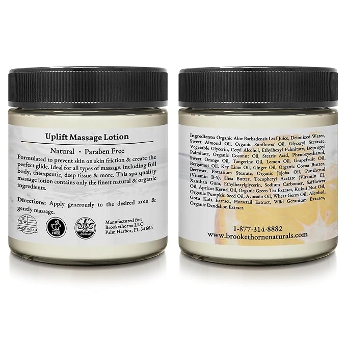 Uplift Massage Lotion for Massage Therapy & Home Use. Moisturizing Cream for Effortless Glide. Shea Butter, Coconut Oil, Aloe Vera & Ginger Citrus Essential Oils - Brookethorne Naturals