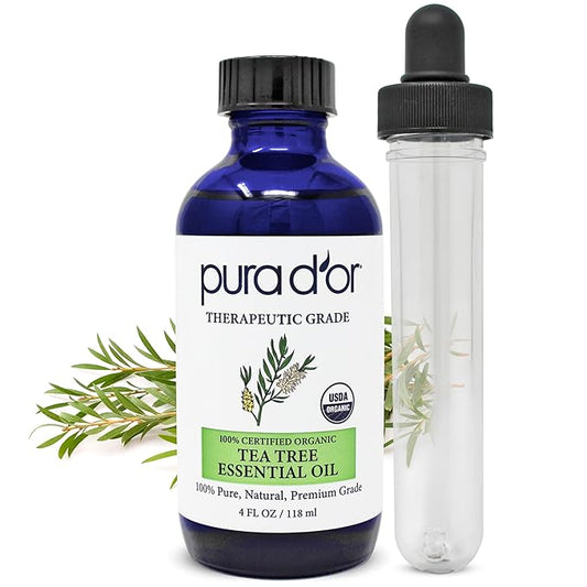 PURA D'OR ORGANIC Tea Tree Melaleuca Essential Oil (4 Oz with Glass Dropper) 100% Pure & Natural Therapeutic Grade For Hair, Body, Skin, Scalp, Aromatherapy Diffuser, Cleansing, Purify, Home, DIY Soap