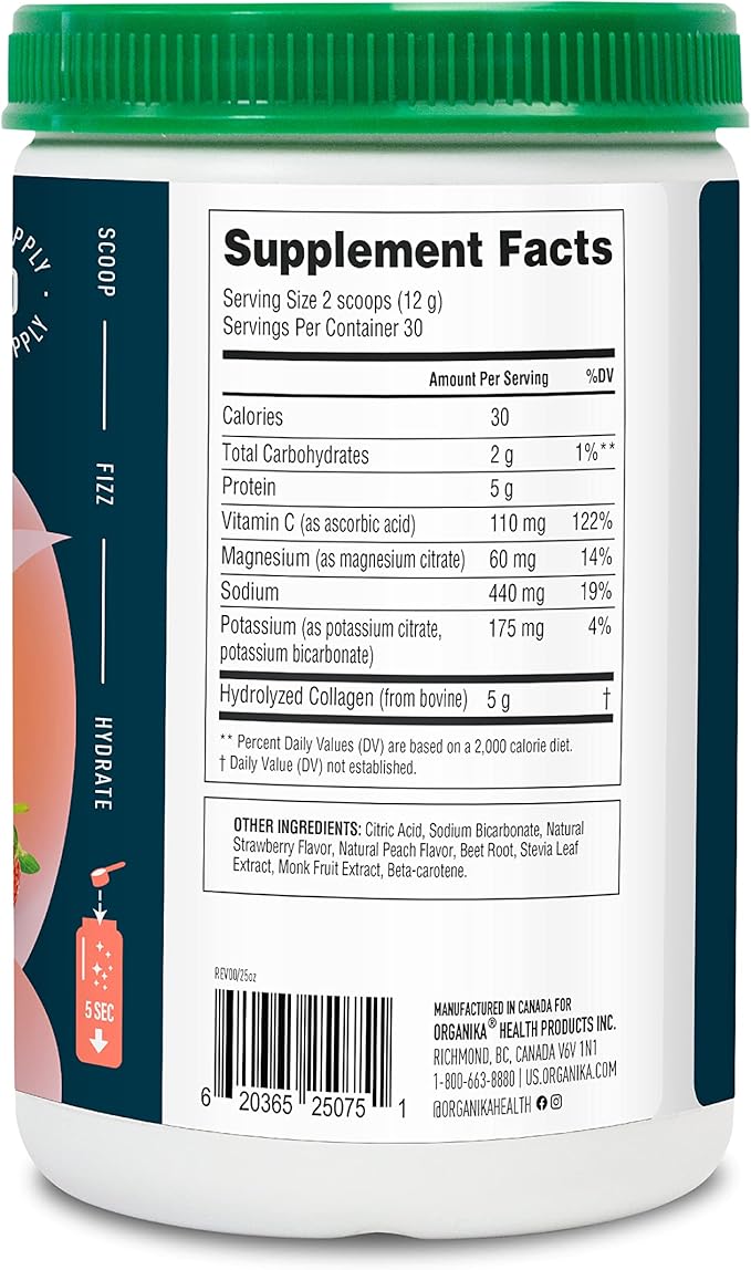Organikа Electrolytes with Enhanced Collagen Powder for Women & Men - 360g - Strawberry Peach-Flavored Effervescent Electrolyte & Collagen Drink Mix - Deep Hydration, Mobility, Skin, Hair, & Nails