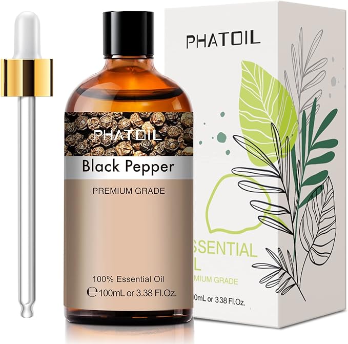 Black Pepper 3.38fl.oz Essential Oil, PHATOIL Pure Aromatherapy Oils for Diffuser, Humidifier, Perfect for DIY Soap, Candle, Bath Bombs Making(100ml)