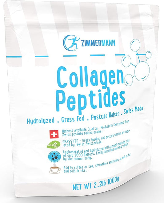 Zimmermann Collagen Peptides Powder 2.2lb 1000g, Produce of Switzerland from Swiss Grass Fed Cows, Hydrolyzed, Unflavored, for Women & Men - Hair, Skin, Nail, & Joint Support, Keto, Type I and III,