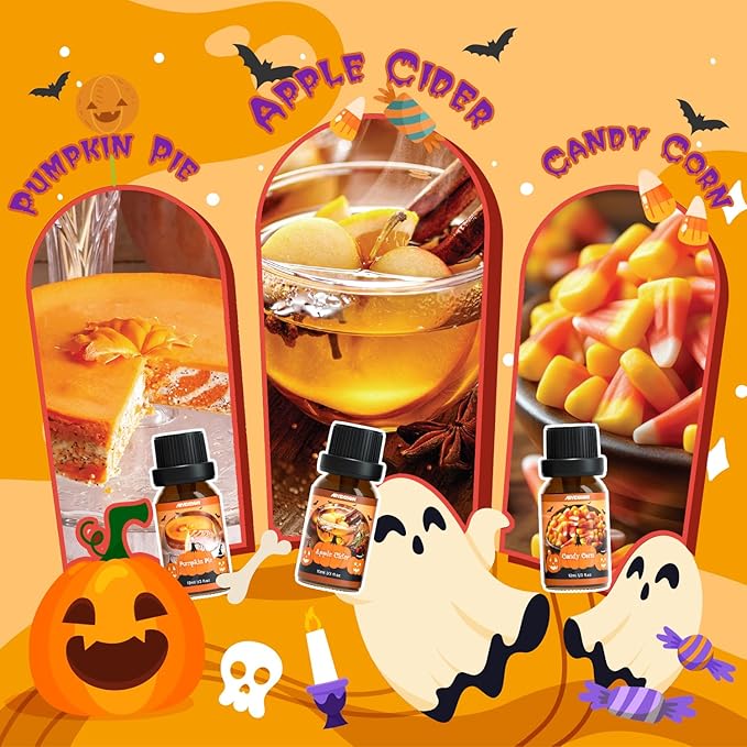 Halloween Fragrance Oils Set, ARVIDSSON Halloween Essential Oils for Candle Making, Spooky Scented Oil for Diffuser, Pumpkin Pie, Candy Corn, Snickerdoodle, Caramel Apple, Spooky Spices, Apple Cider