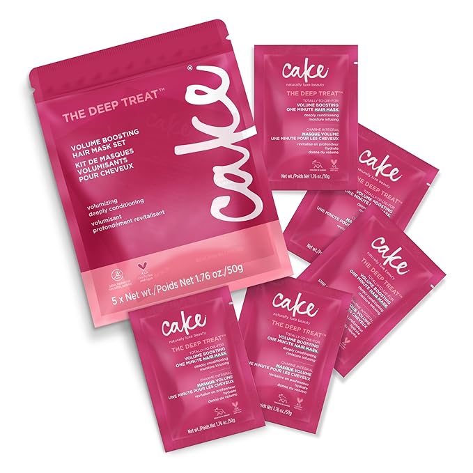 Cake Beauty Travel Hair Mask Set- Deep Treat Volume Boosting Hair Mask, Volumizing & Moisturizing- Hydrolyzed Rice Protien- For Dry Hair- 5 x 1.76 oz
