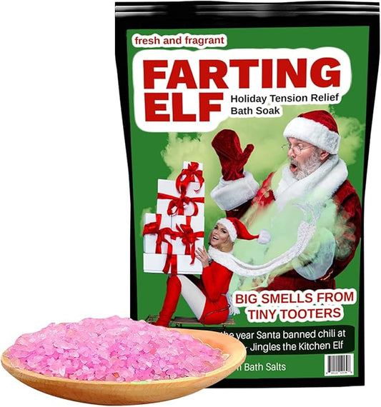 Farting Elf Bath Salts Soak - Holiday Stress Relief Gag Gift for Adults - Funny Christmas Gifts for Friends - Fresh and Fragrant White Elephant Stocking Stuffer, Pink Rose