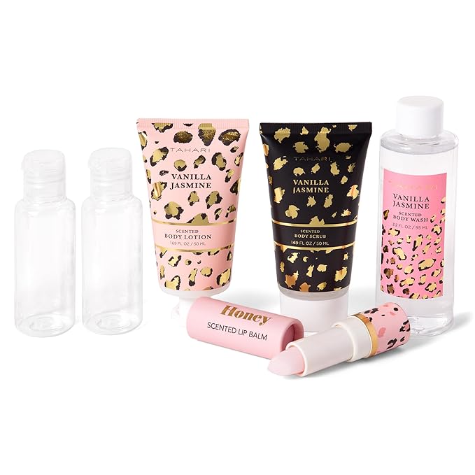 Tahari Vanilla Jasmine Spa Gift Set for Women – Luxurious Bath Kit with Body Lotion, Body Scrub, Body Wash & Lip Balm with Bag – Perfect Selfcare Gifts for Women (Leopard)