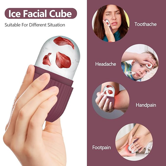 Ice Roller for Face and Eye, Silicone Ice Facial Roller Ice Holder, Face Ice Mold Skin Care, Face Icers Reusable Ice Cube Roller for Shrink Pores Anti Wrinkle Reduce Puffiness, Rose