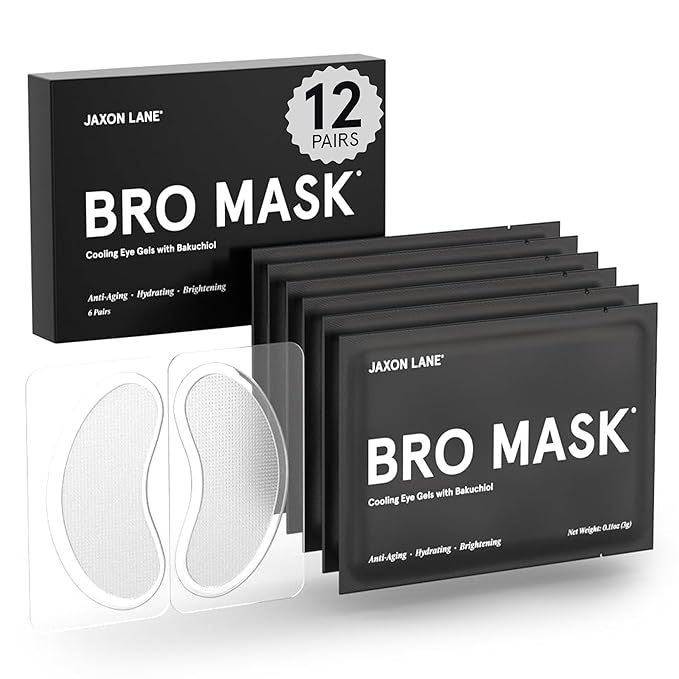BRO MASK Under Eye Gel Pads: Cooling Eye Patches for Dark Circles and Puffiness | Anti Aging Hydrogel Eye Patch Set + Bakuchiol, Green Tea, Hyaluronic Acid, Caffeine, Niacinamide/Vit B3 (2 X 6 Pairs)