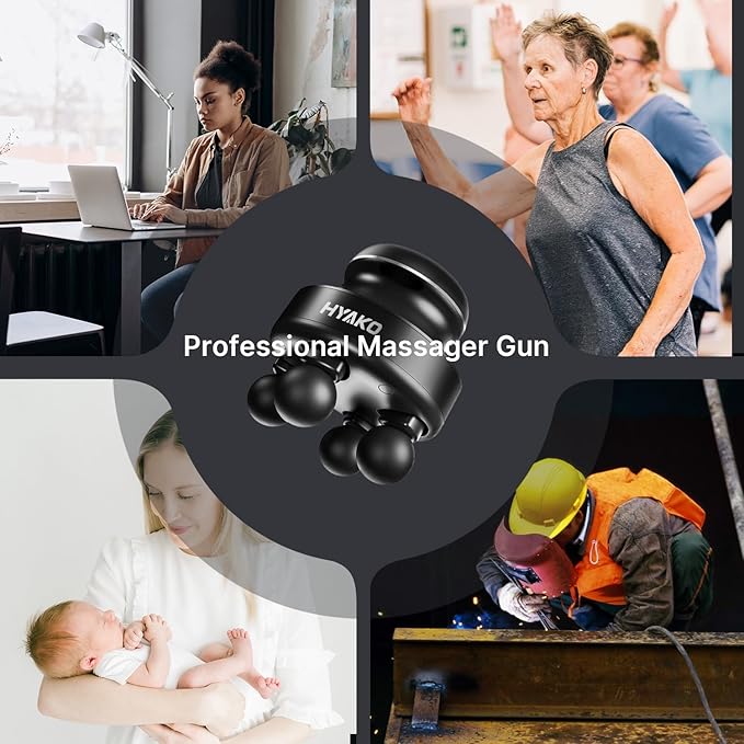 HYAKO F1 4-Heads Handheld Electric Deep Tissue Body Massager – Portable Orbital Professional Muscle Massager Tool for Easing Shoulder and Back Tension and Chiropractic Tool for Myofascial Release