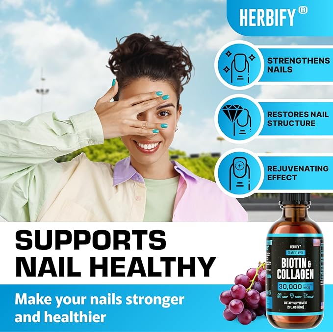 HERBIFY Collagen and Biotin Liquid Drops - Faster Absorption Joint Health Supplement for Hair Growth and Stronger Nails - Hair Skin and Nails Vitamins for Women and Men - B7 Supplement - Made in USA