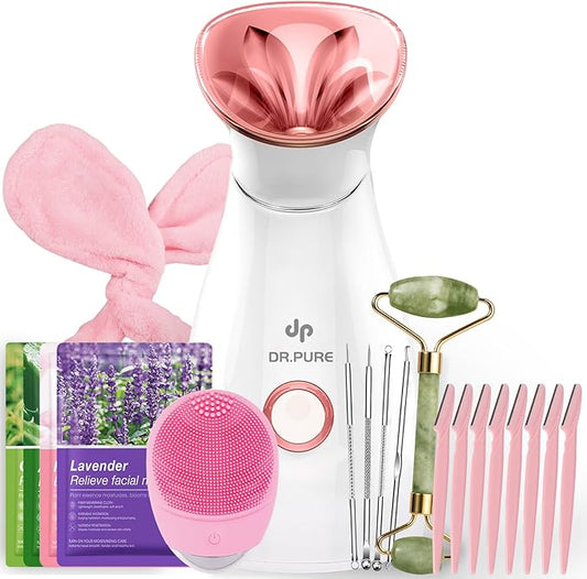 Facial Steamer Self-Care Gift Kit: Nano Ionic Face Steamer Deep Cleaning Unclogs Pores - Humidifier Hot Mist Spa Gifts for Women with 20 Skin Care Tools (Deep Cleansing Pore Refining)