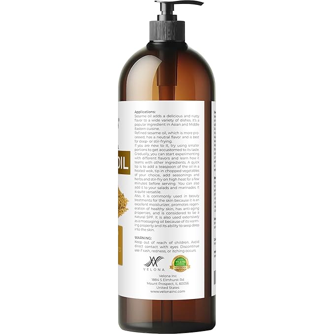 Sesame Seed Oil by Velona - 32 fl oz | 100% Pure and Natural Carrier Oil | Refined, Expeller Pressed | Cooking, Skin, Hair, Body & Face Moisturizing | Use Today - Enjoy Results