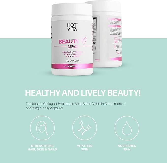 Hot Vita Beauty Supplement Pills – Anti-Aging Supplement Treatment for Hair Loss, Skin, and Nails with Collagen, Biotin, Magnesium, Vitamin C and Hyaluronic Acid