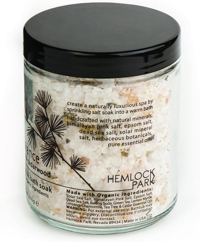 Hemlock Park Balance Essential Oil Bath Soak | Naturally Soothing Mineral Sea Salt and Botanicals | 10.5 oz Jar | Tea Tree & Cedarwood