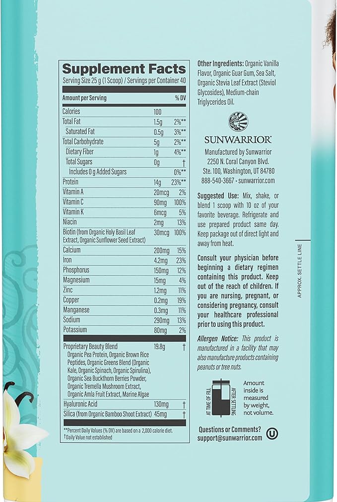 Sunwarrior Collagen Peptides Building Powder | Vegan Collagen for Women Plant-Based Protein Powder | Hyaluronic Acid, Biotin, Silica, Vitamin C for Hair Skin & Nails | 40 Servings, Vanilla Flavored
