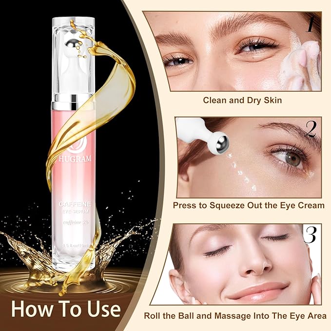 5% Caffeine Eye Serum, Eye Cream with 360°Massage Ball for Dark Circles and Puffiness, Fine Lines and Under Eye Bags, 0.5 fl.oz Under Eye Roller Cream, Efficient in Fine Lines and Under Eye Bags