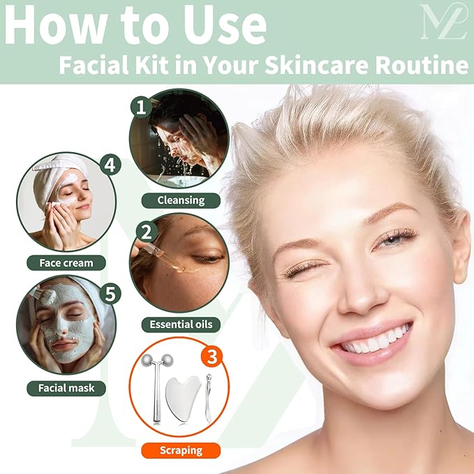 Gua Sha Facial Tools Stainless Steel & Face Roller Massager Skin, Facial Massage Skin Care for Face Neck Body, Reduce Puffiness Remove Wrinkles, Valentines Gift for Women