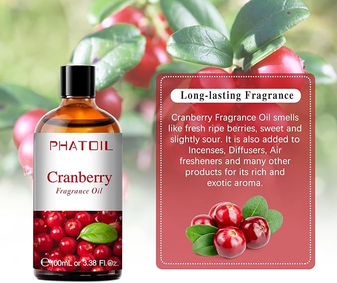 3.38FL.OZ Cranberry Fragrance Oils for Aromatherapy, Essential Oils for Diffusers for Home, Perfect for Diffuser, Yoga, Skin Care, DIY Candle and Soap Making - 100ml