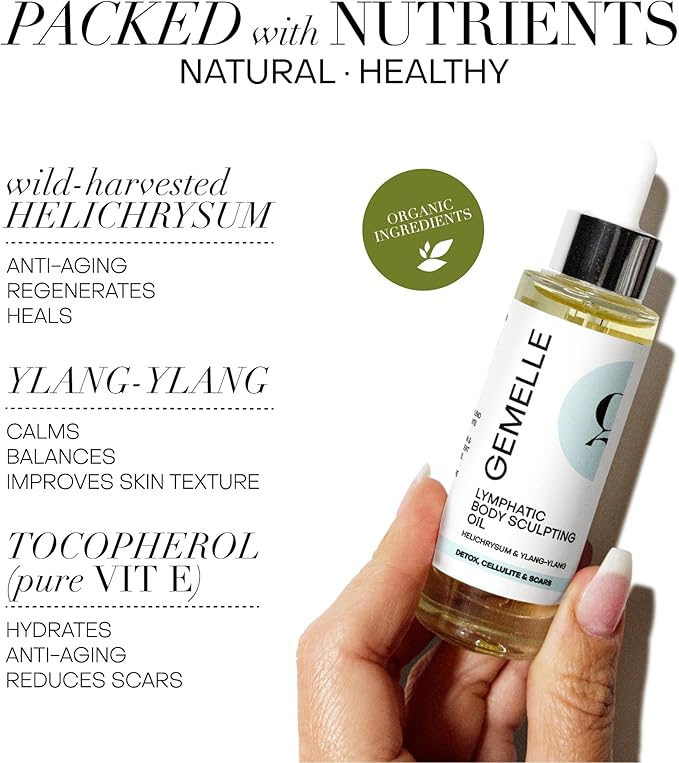 GEMELLE Lymphatic Body Sculpting Oil | 6x Award Winner | Anti-Cellulite, Stretch Marks, Scars, Bloating, Lymphatic Drainage | Helichrysum & Ylang-Ylang | Paraben-Free, Luxury Natural Skin Care 30 ML