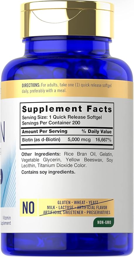 Carlyle Biotin 5000mcg Softgels | 200 Count | Vitamins for Hair Skin and Nails | Non-GMO, Gluten Free Supplement
