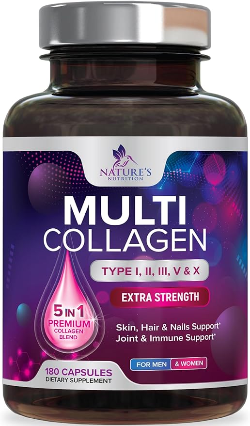 Collagen Peptides for Women & Men - Type I, II, III, V, X Multi Collagen Pills, Hydrolyzed Collagen Peptides Supplements, Nature's Hair, Skin, Nail, and Joint Support Supplement, Non-GMO, 180 Capsules