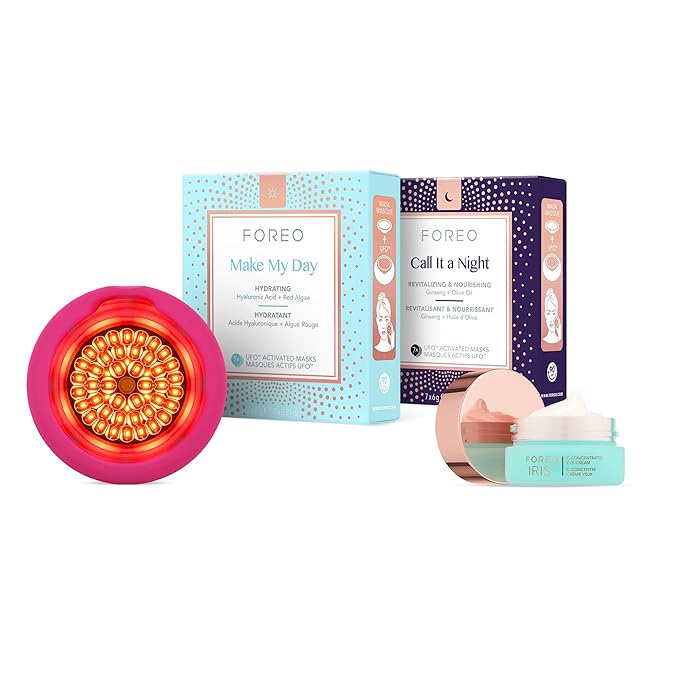 FOREO Hydrate & Brighten UFO 3 LED Set - Face Mask Skincare Device + 14 UFO Activated Masks + IRIS C-Concentrated Brightening Eye Cream, 0.5 Oz - Face Moisturiser