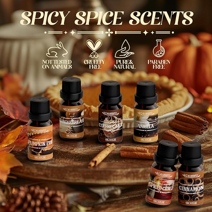 SALUBRITO Spice Fragrance Oils Set, Premium Essential Oils Set for Diffuser, Candle, Soap Making, Warm Fall Scented Oil, Cinnamon, Spiced Cider, Pumpkin Pie, Coffee Cake, Gingerbread, Vanilla