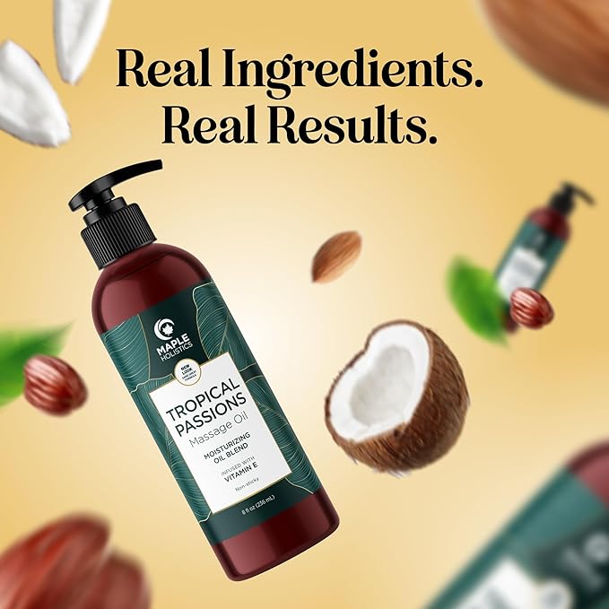 Tropical Sensual Massage Oil for Couples - Complete Relaxation Full Body Massage Oil for Date Night with Smooth Gliding Coconut and Sweet Almond Oil with Mango Scent - Non GMO Gluten Free and Vegan