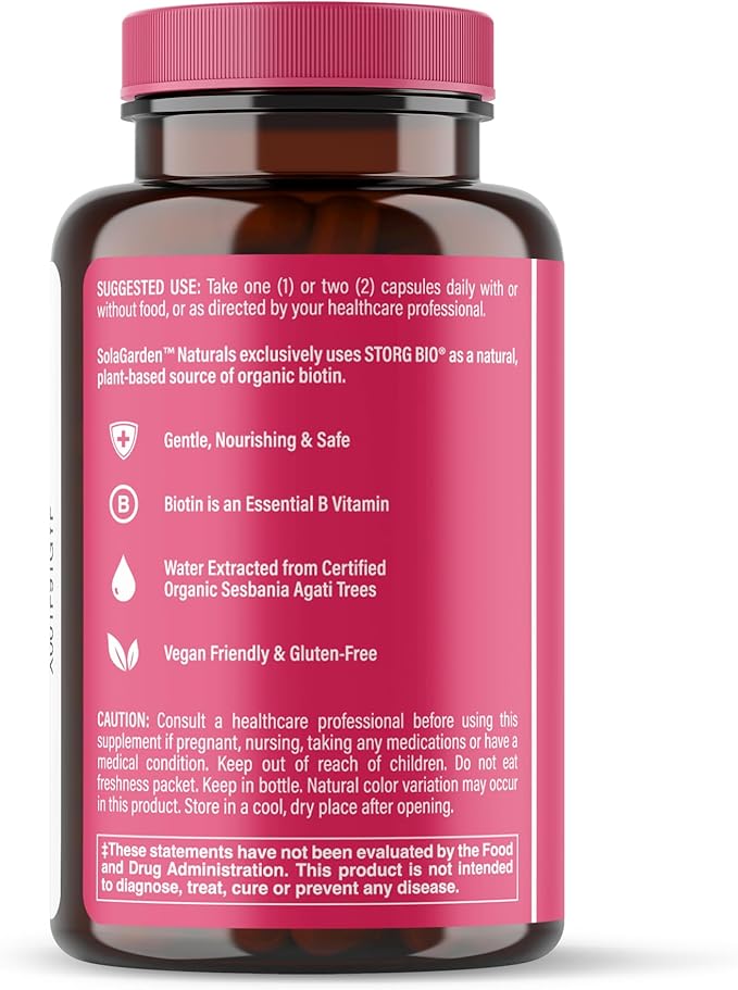 Whole Food Biotin Supplement - Contains Certified Organic Plant Based Biotin from Sesbania Agati Trees - by SolaGarden Naturals. May Support Hair, Skin and Nails. 60 Non GMO Veggie Capsules.