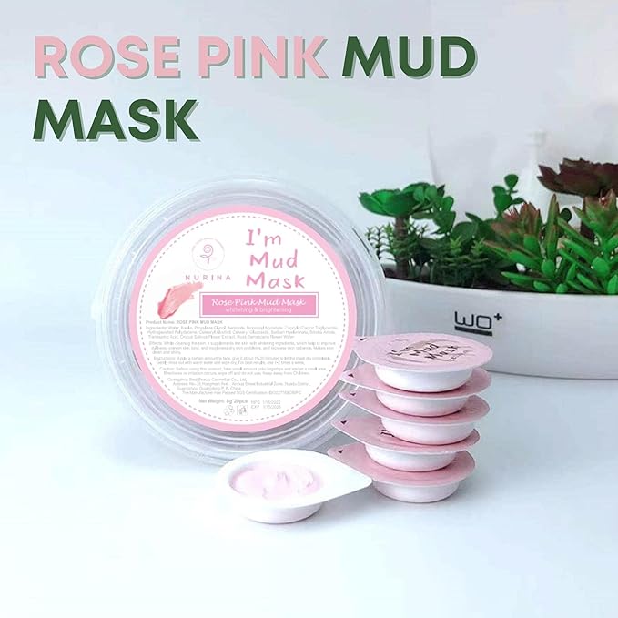 NURINA Pink Rose Clay Masks for Face Hydrating Anti-Aging Face Masks - Single Use Mud Mask – 20pcs/Bucket (ROSE PINK MUD MASK)