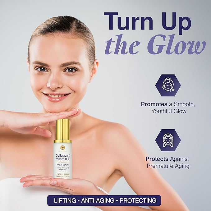 Collagen & Vitamin E Serum - Dermatologist Tested, Anti-Aging, Hydrates, Reduces Wrinkles, Clean Beauty, Cruelty-Free Korean Skin Care for All Skin Types - 1.69 fl. oz