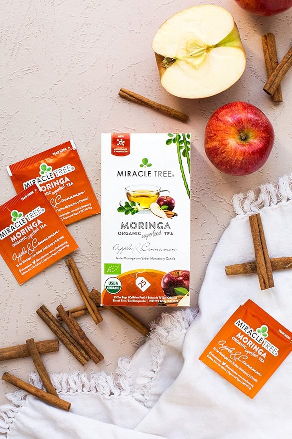 Miracle Tree - 3 Count of Organic Moringa Superfood Tea, 25 Individually Sealed Tea Bags, Apple & Cinnamon (Keto, Detox, Energy/Immunity Booster, Vegan, Gluten-Free, Organic, Non-GMO, Caffeine-Free)
