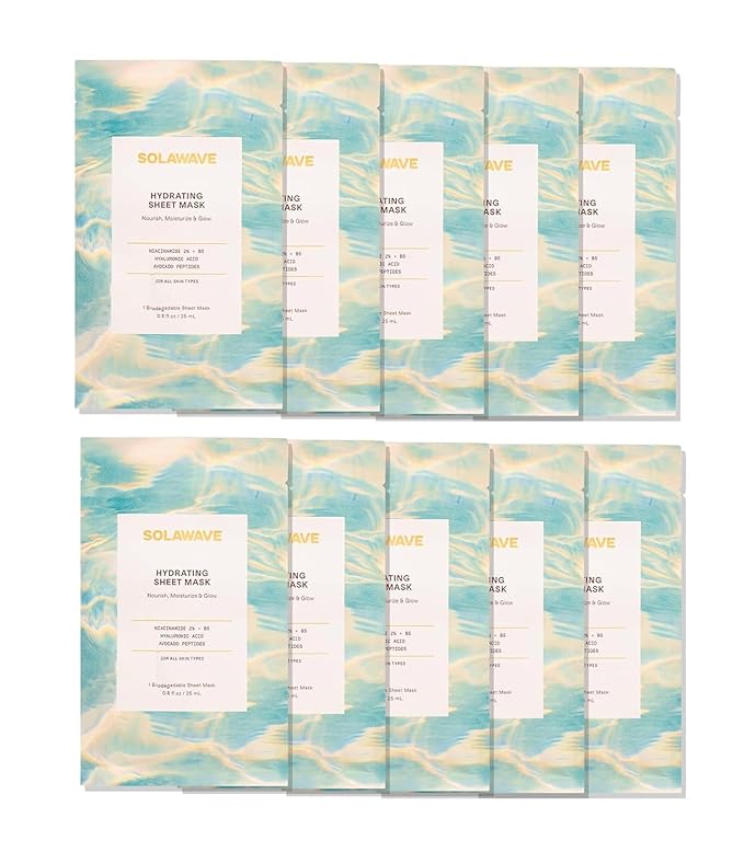 Solawave Hydrating Sheet Mask, Anti Aging Face Mask with Niacinamide, Hydrating Face Mask with Hyaluronic Acid, Moisturizing Face Masks (10 Pack)