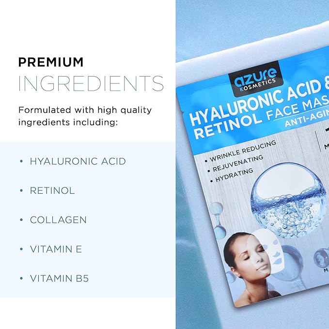 Azure Cosmetics Hyaluronic Acid & Retinol Anti Aging Facial Mask - Dermatologist Tested - Rejuvenating & Hydrating Face - Reduce Fine Lines & Wrinkles, Smooths & Repairs - Korean SkinCare (Pack of 5)
