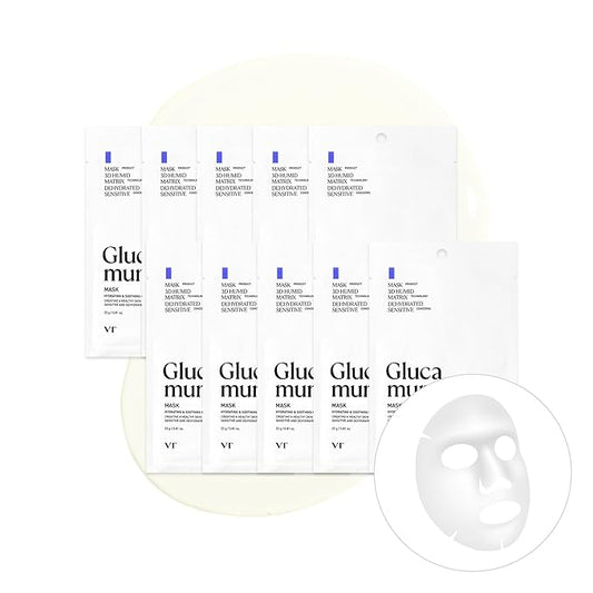 VT COSMETICS Glucamune Mask, Hydrating Vegan Sheet Mask for Face, Hypoallergenic, Fragrance-Free, for Dry & Sensitive Skin, Beta-Glucan, Glucosamine, Glass Skin Glow, Korean Skincare (10 pcs)