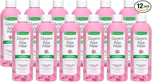 De La Cruz Rose Water and Glycerin for Face - Rosewater Facial Toner and Moisturizer for Skin and Hair 8 fl oz (236 mL) - 12 Bottles