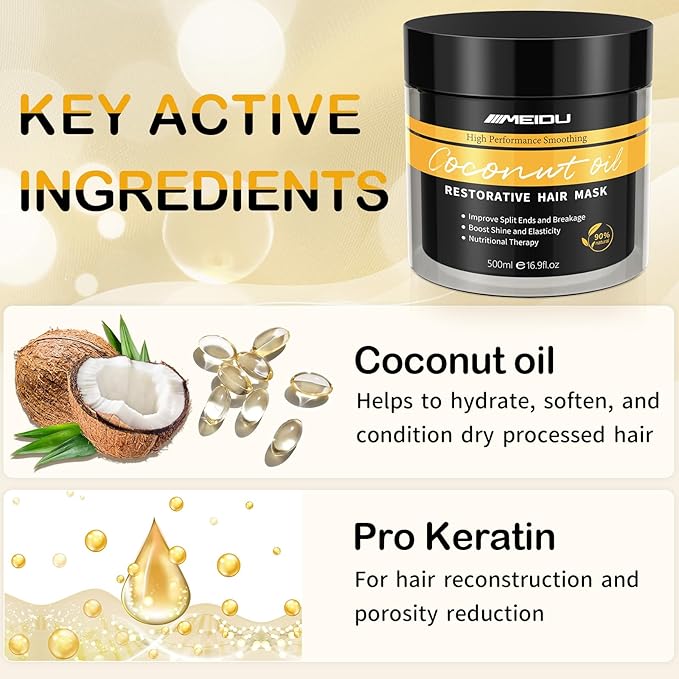 KINGMING Keratin Hair Mask, Keratin Hair Treatment 500ml Hair Mask for Dry Damaged Hair, Coconut Oil Deep Conditioning for All Hair (16.9 oz)
