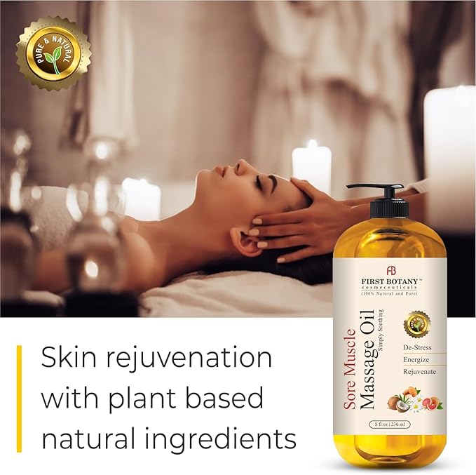 First Botany, Arnica Sore Muscle Massage Oil for Massage Therapy Natural Therapy Oil with Lavender, Mint, Chamomile Essential Oils, Collagen & Stem Cells, Therapeutic Oils for Body Massage Lotion 8oz