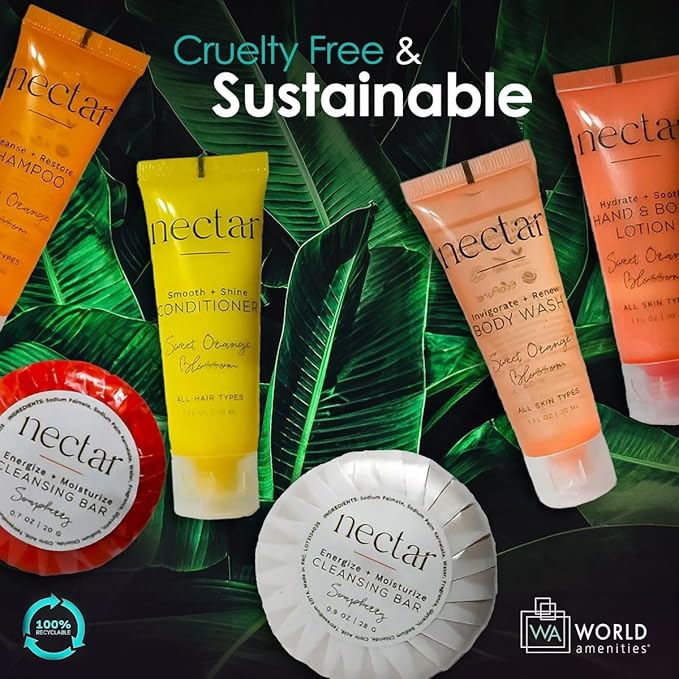 Nectar Mini Travel Size Toiletries Bathroom Kit | Sweet Orange Blossom| Shampoo, Conditioner, Body Wash, Lotion, Two Round Cleansing Bars and Body Bar