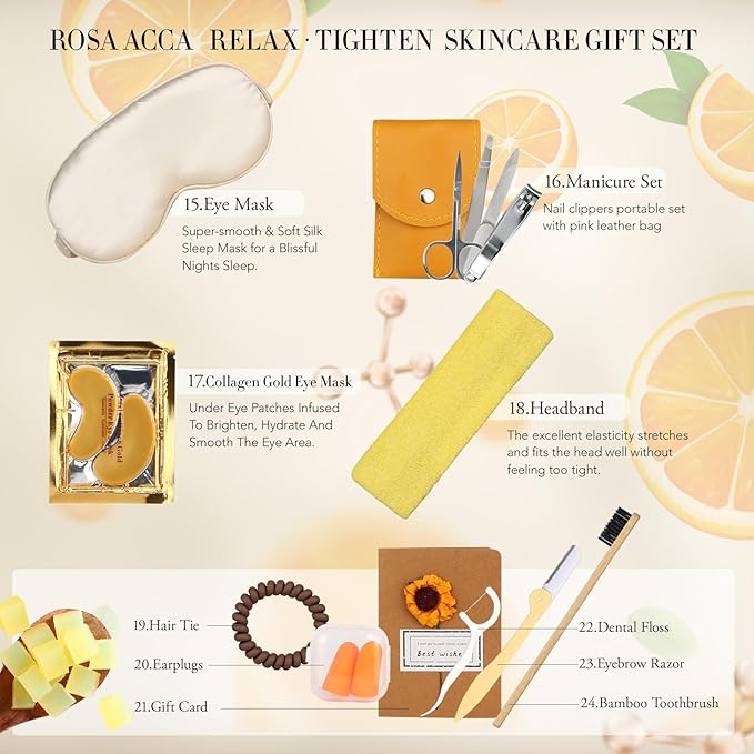 Skin Care Set for Women - Rosa Acca 28pcs Facial Kit at Home, Birthday Gifts Orange Vitamin C, Spa Gift Baskets for Women with Face Cream, Bath Oil, Mothers Day