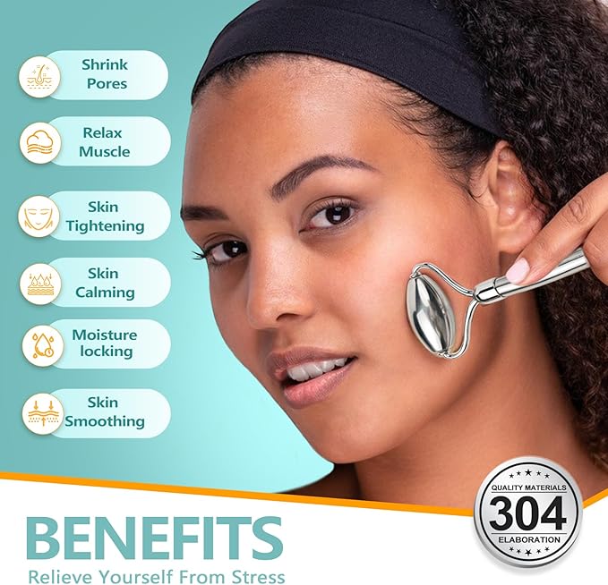 Stainless Steel Facial Roller - Metal Face and Eye Roller, Gua Sha Facial Tools Stainless Steel, Reduce Puffiness, Cooling Dual Sided Stainless Steel Facial Roller Massager