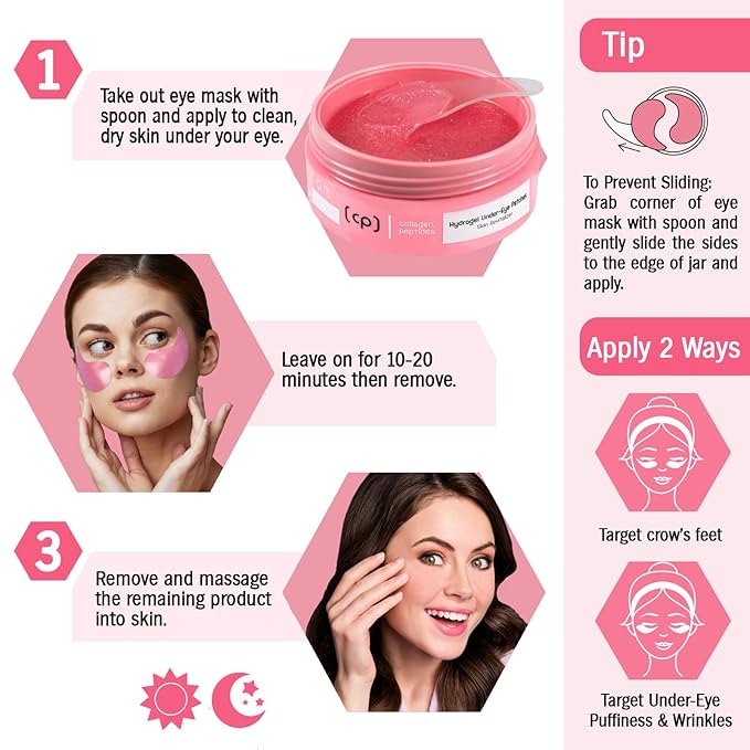 Pure Collagen Hydrogel Under Eye Patches & Peptides Skin Revitalizer, Anti Aging Skin Brightener, Treats Dark Circles, Puffy Eyes, Crow's Feet, Fine Lines & Wrinkles. Vegan. 60Pcs