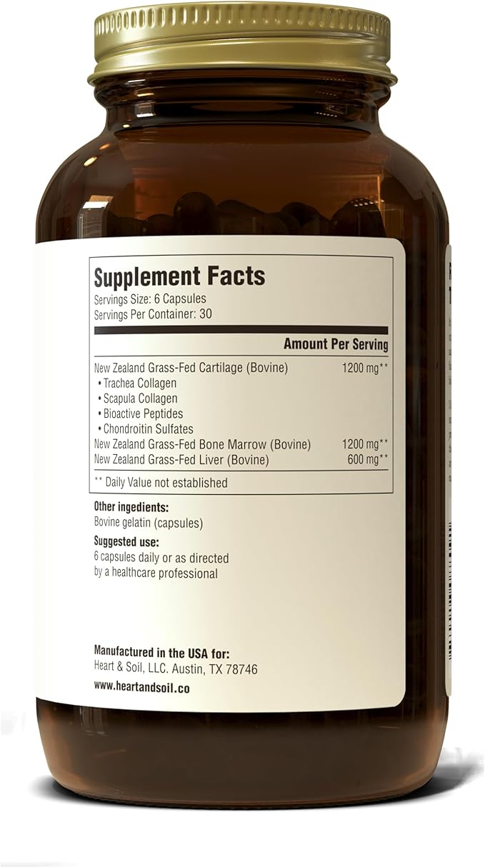 HEART & SOIL – 3000mg Skin, Hair and Nails Support Supplement with Grass Fed Beef Liver, Bone Marrow, Cartilage, Biotin, Collagen, Vitamins A, Riboflavin, Elastin – 180 Capsules