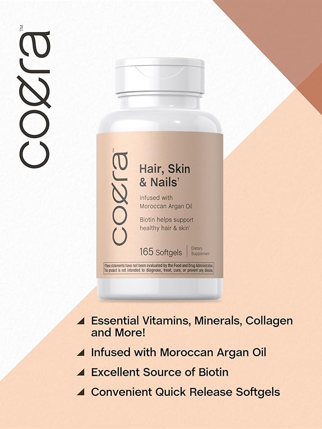 Coera Hair, Skin and Nails Vitamins | 165 Softgels | with Biotin, Collagen & Moroccan Argan Oil | Non-GMO & Gluten Free Supplement for Men and Women