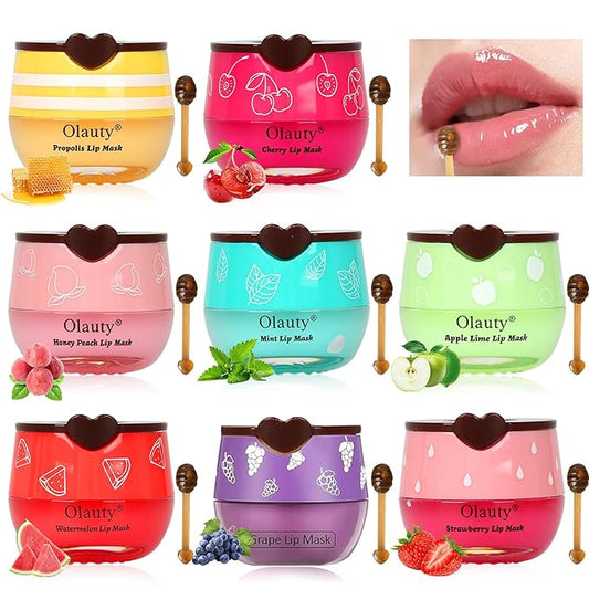 8 PCS Bee Lip Balm Honey Pot - Strawberry, Watermelon, Apple Lime, Cherry, Mint, Grapes & Peach Flavors - Sleeping Mask for Hydrating & Preventing Dry, Cracked Lips