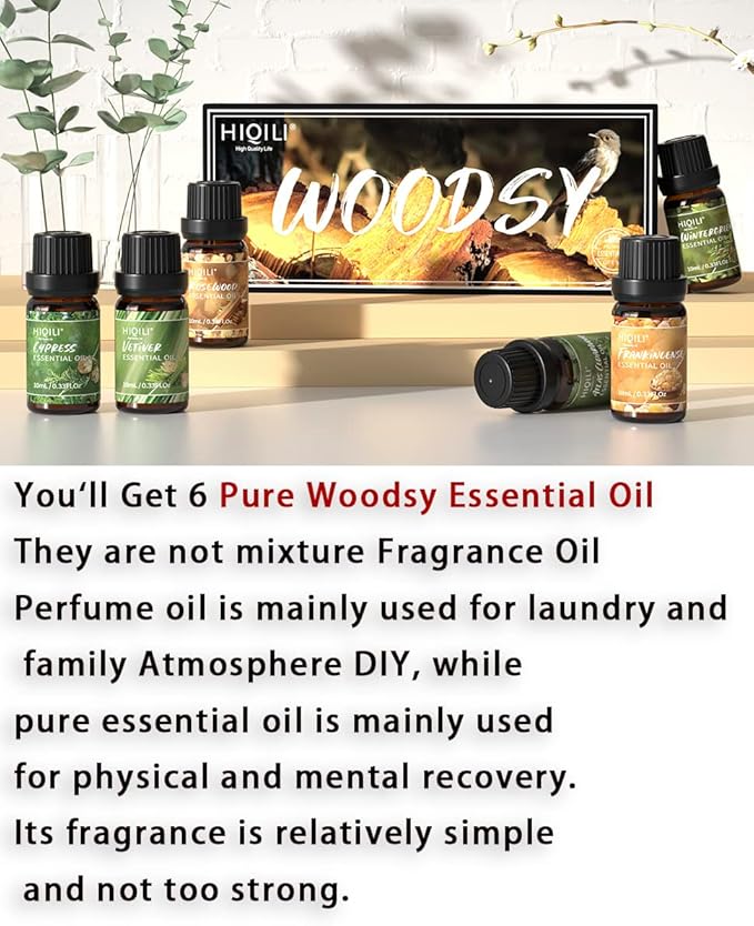 HIQILI 100% Pure Woodsy Essential Oil Set, 6x10ml, Cedarwood, Wintergreen, Frankincense, Vetiver, Rosewood, Cypress - Aromatherapy, Massage, Skin Beauty, Perfume, Gifts
