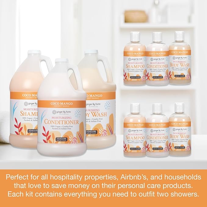 Ginger Lily Farms Botanicals Hospitality Kit, Coco Mango, 9-Pc Set Includes Shampoo, Conditioner & Body Wash, 100% Vegan & Cruelty-Free, Coconut Mango Scent